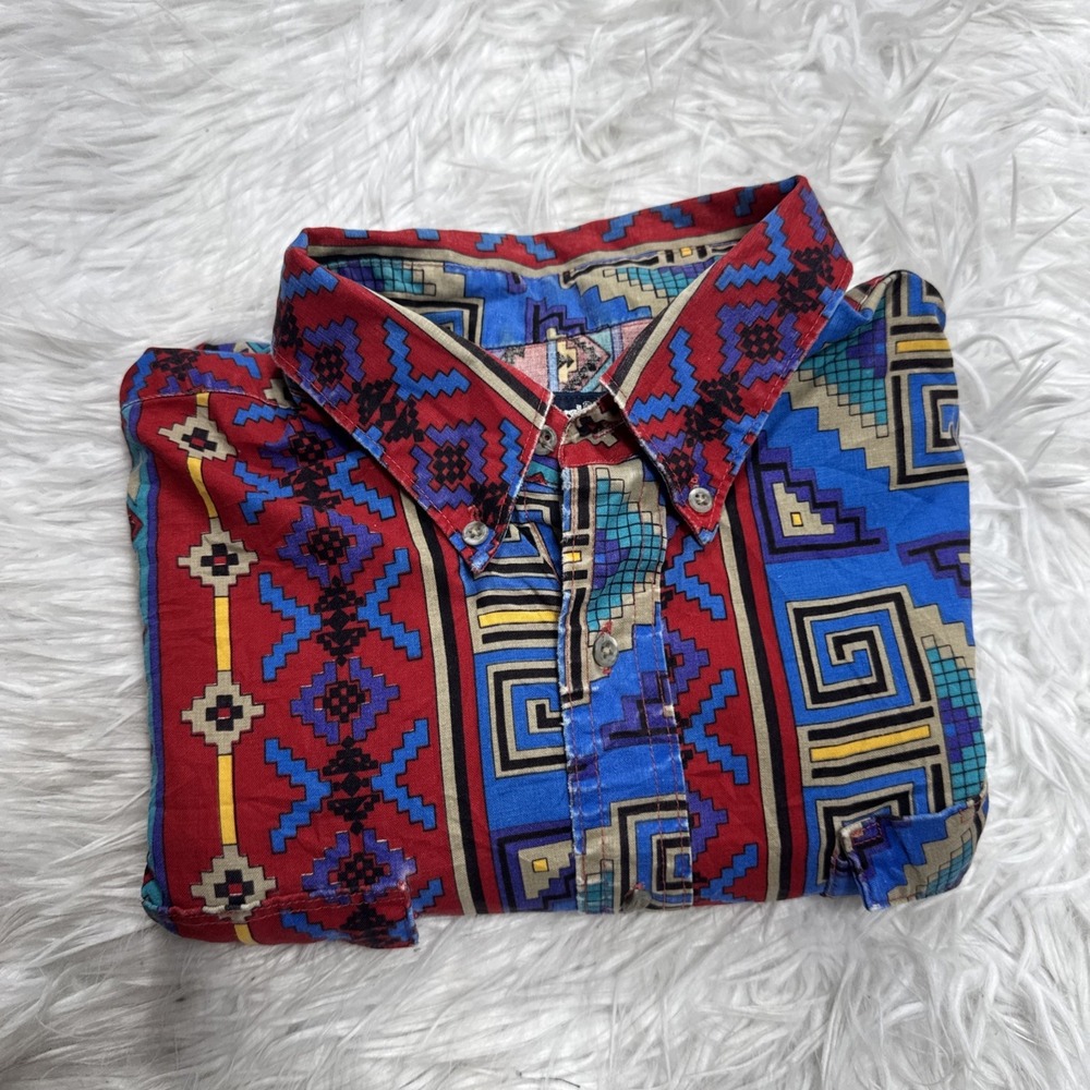 Vintage 90's Wrangler Shirt Men 17.5 Western Rodeo Cowboy XL Red Southwest Rare!